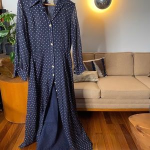 Vintage blue polka dot maxi dress, slightly sheer!